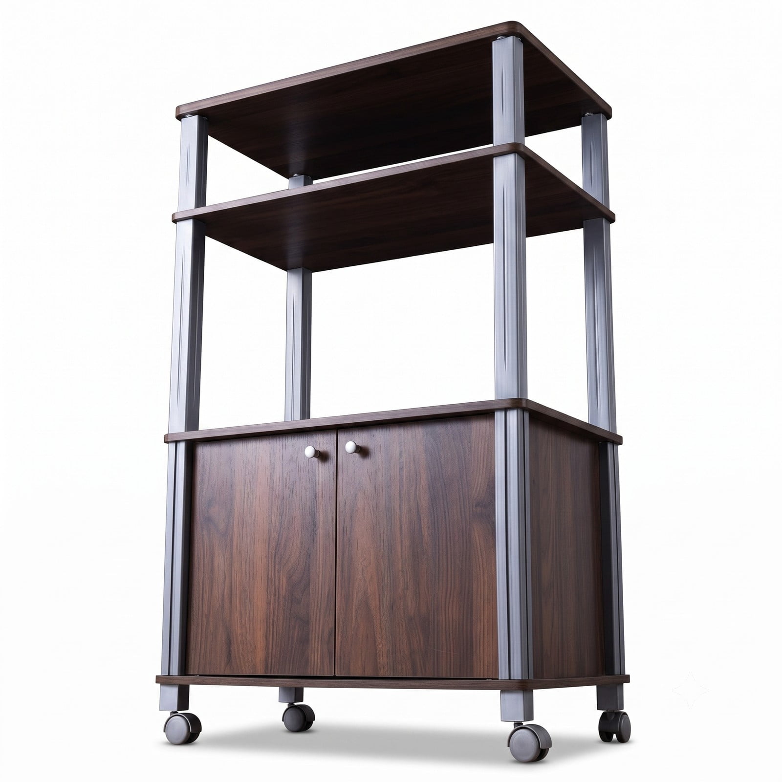 RUIE 3-Tier Microwave Stand with 2-Door Cabinet, Rolling Kitchen Storage Cart for Dining Room, Walnut