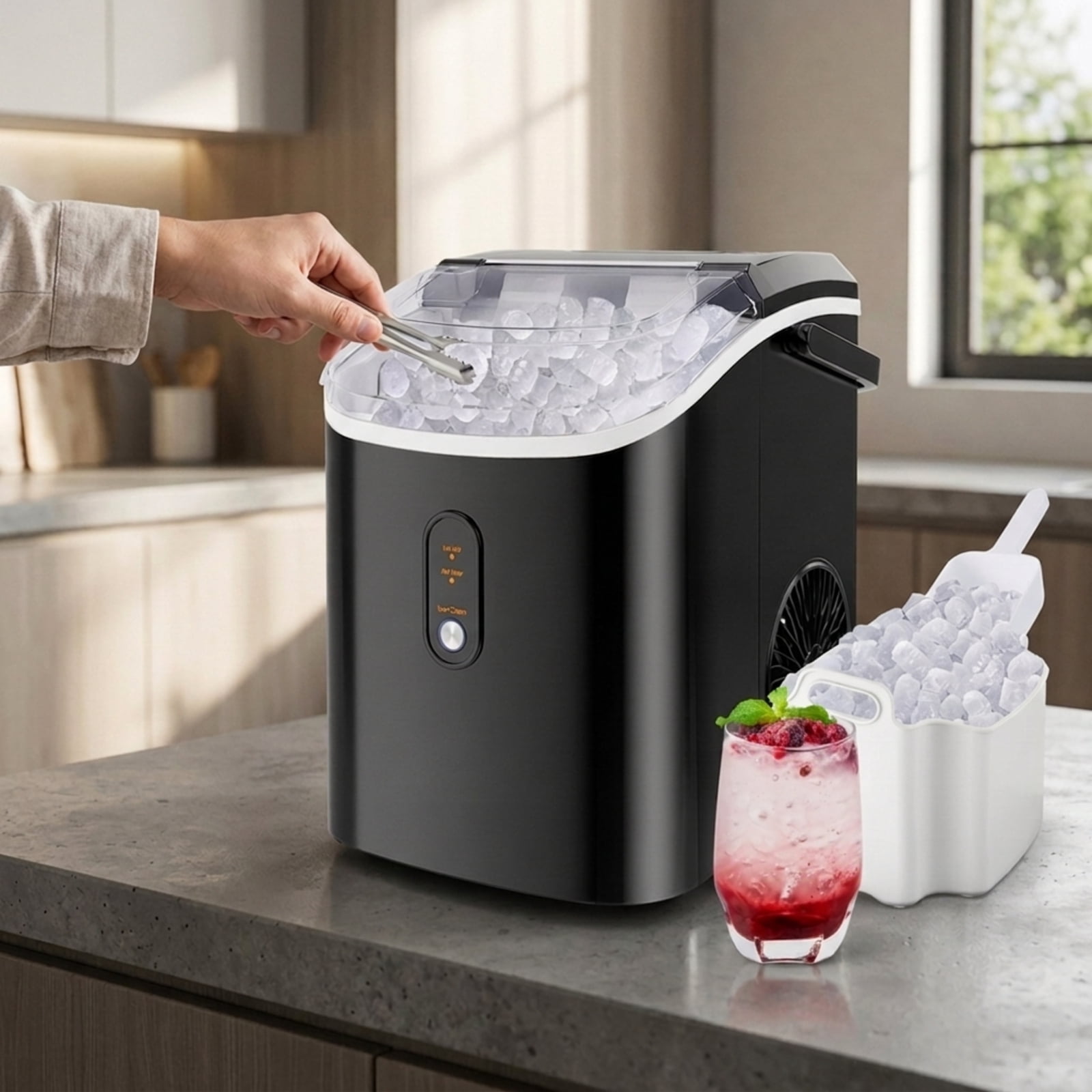 RUIE Nugget Ice Maker Countertop, Soft Chewable Pellet Ice Machine 34 lbs/Day for Home Kitchen Office Bar, Portable Ice Maker with Scoop, Black