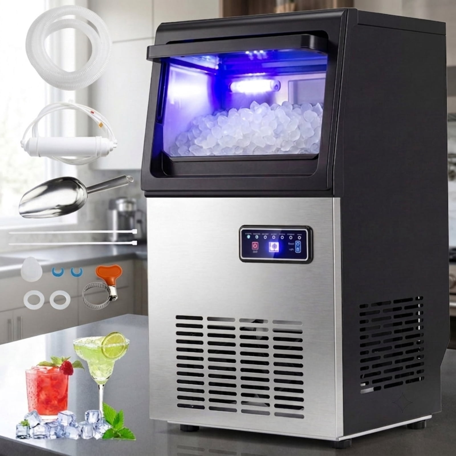 RUIE Nugget Ice Maker Machine 90 lbs/24H, Commercial Countertop Chewable Pellet Ice Machine with Self-Cleaning for Home Bar Kitchen Office