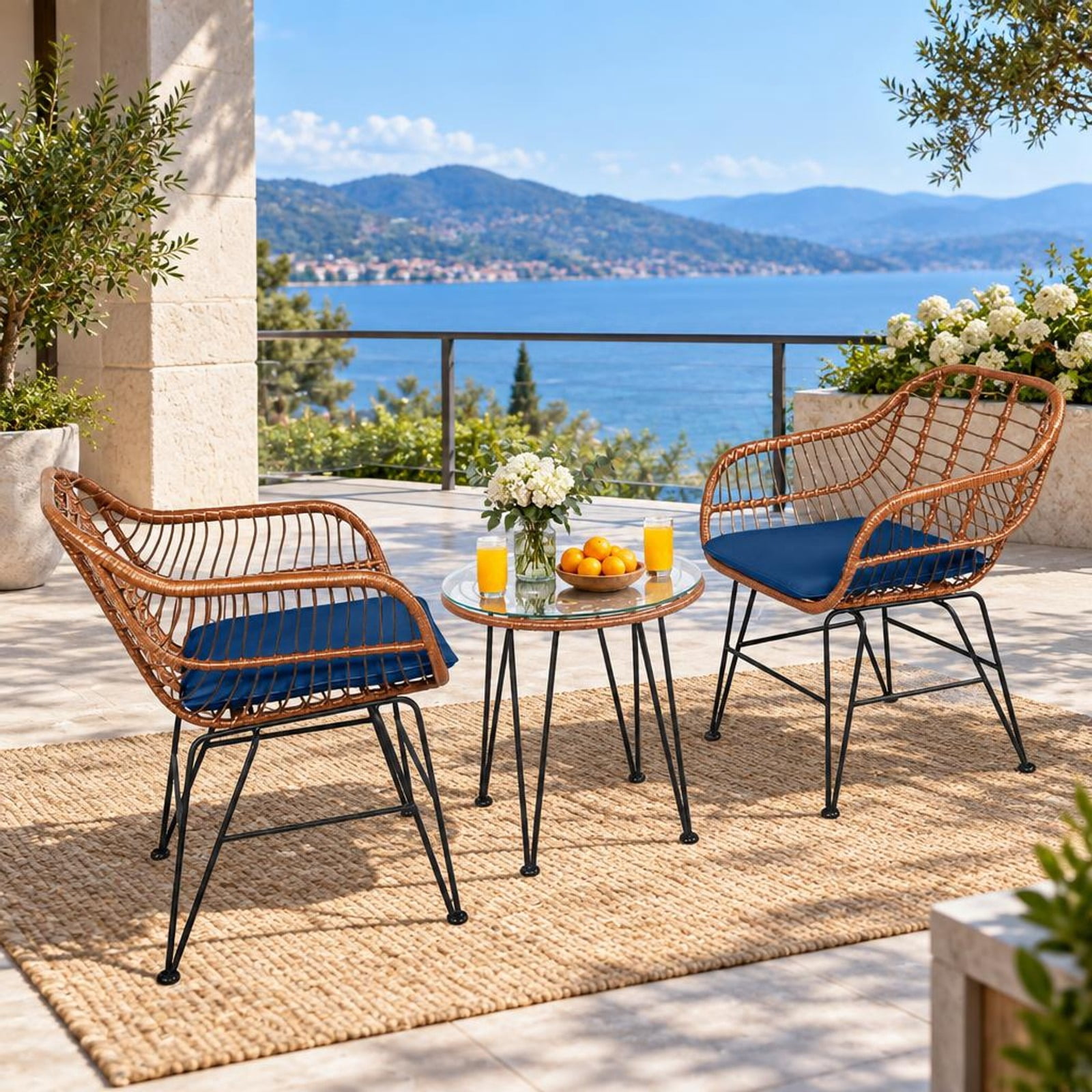 RUIE Patio Rattan Bistro Set with Cushion, 3 Pieces, Navy - Walmart.com