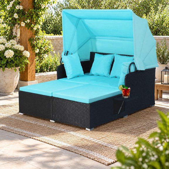 RUIE Patio Rattan Daybed with Retractable Canopy and Side Tables, Turquoise, 65" x 60.5 x 58.5" Overall, Max Load 800 lbs
