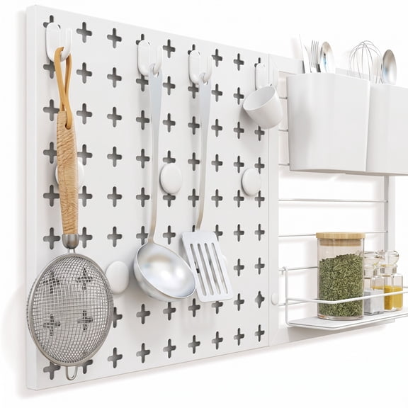 RUIE Pegboard Combination Kit, Metal Wall Organizer Board with Magnets and Hooks, DIY Kitchen Garage Storage Panel Rack System for Tools Utensils and Accessories, White