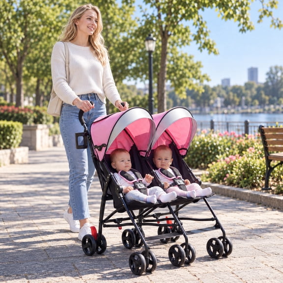 RUIE Pink Foldable Twin Baby Double Stroller Ultralight Umbrella Kids Stroller, Steel Construction, Recommended Age 7-36 months (under 38" tall)