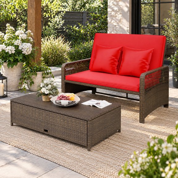 RUIE Red Patio Adjustable Wicker Daybed with 4-Level Backrest and Soft Cushions, 28.5"-44" x 48.5" x 14"-35" Overall, Max Load 800 lbs
