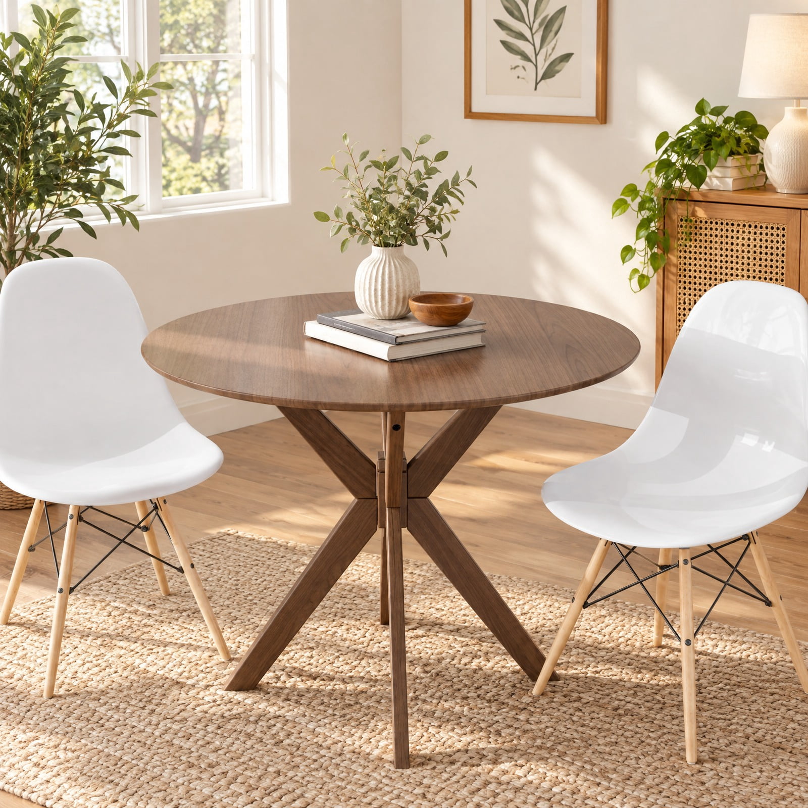 RUIE Round Wood Dining Table with Intersecting Pedestal Base, 36 Inch ...