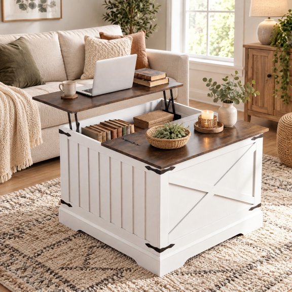 RUIE Rustic Brown Farmhouse Lift Top Coffee Table with Hidden Storage Compartment, 31.5" x 31.5" x 24" Overall