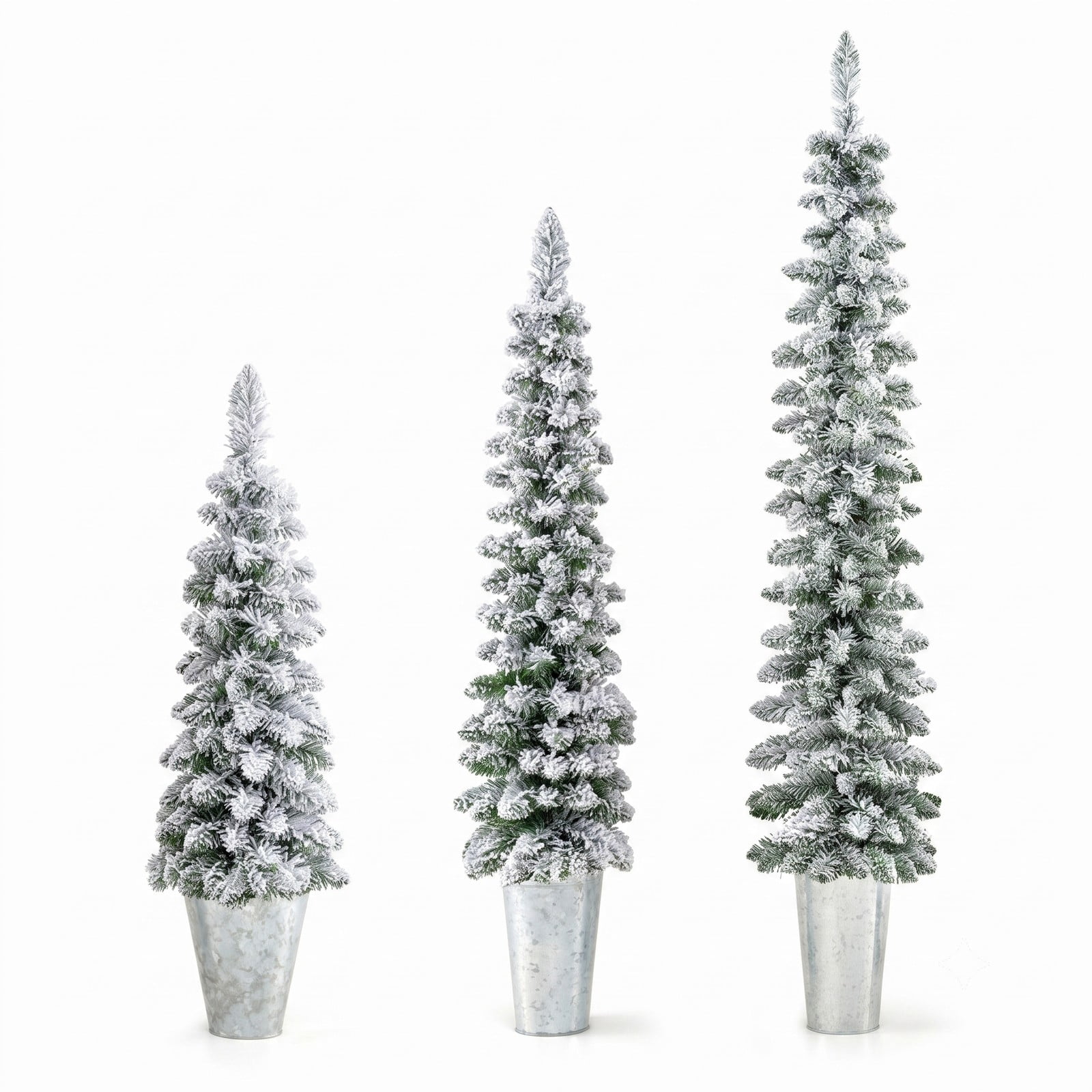 RUIE Set of 3 Pre-Lit Snow Flocked Artificial Christmas Trees, 423 Branch Tips, 230 Warm White LED Lights, PVC Xmas Tree with Metal Stand for Home, Green White Silver