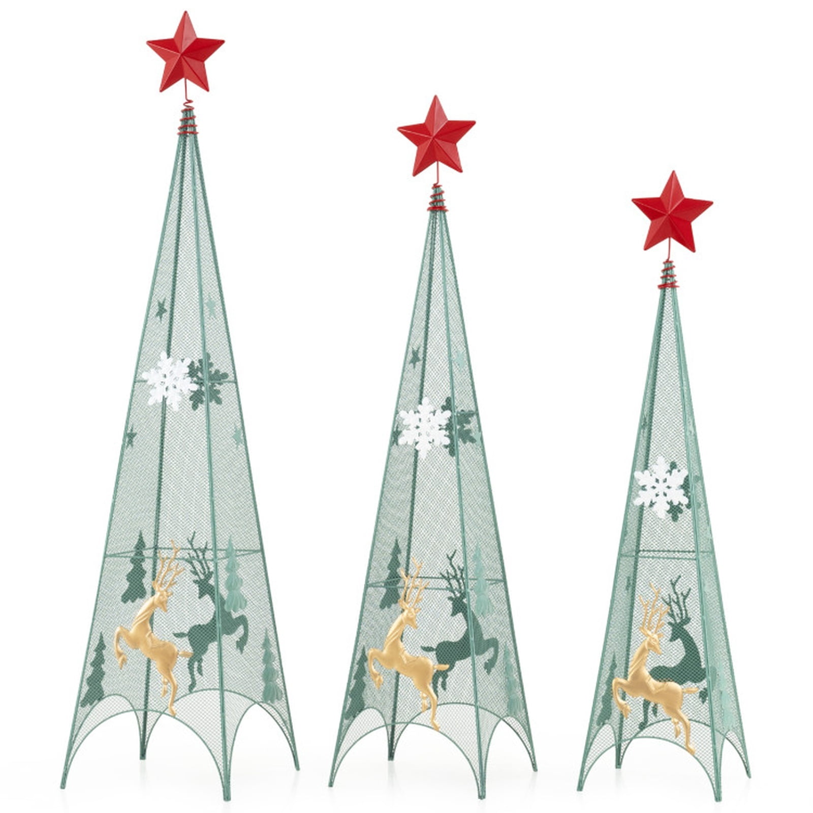 RUIE Set of 3 Metal Christmas Trees, 3/3.5/4 FT Tower Tabletop Xmas Trees with Star Toppers, No Assembly