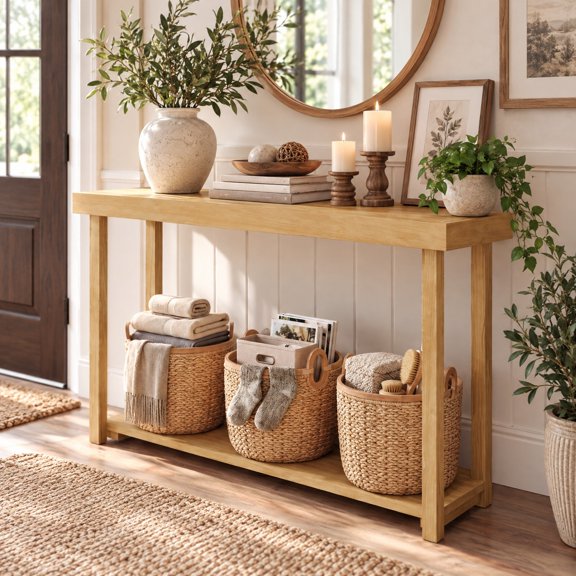 RUIE Solid Wood Console Table 2-Tier Narrow Farmhouse Sofa Table, 46 Inch, Natural, 46" x 12" x 32" Overall, Teak Wood Construction, Max Load 66 lbs