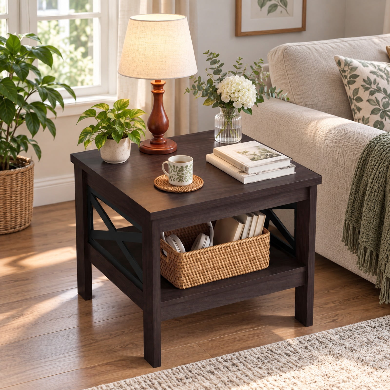 RUIE Square Side Table with Open Storage Shelf and X-Frame Sides, 24 x ...