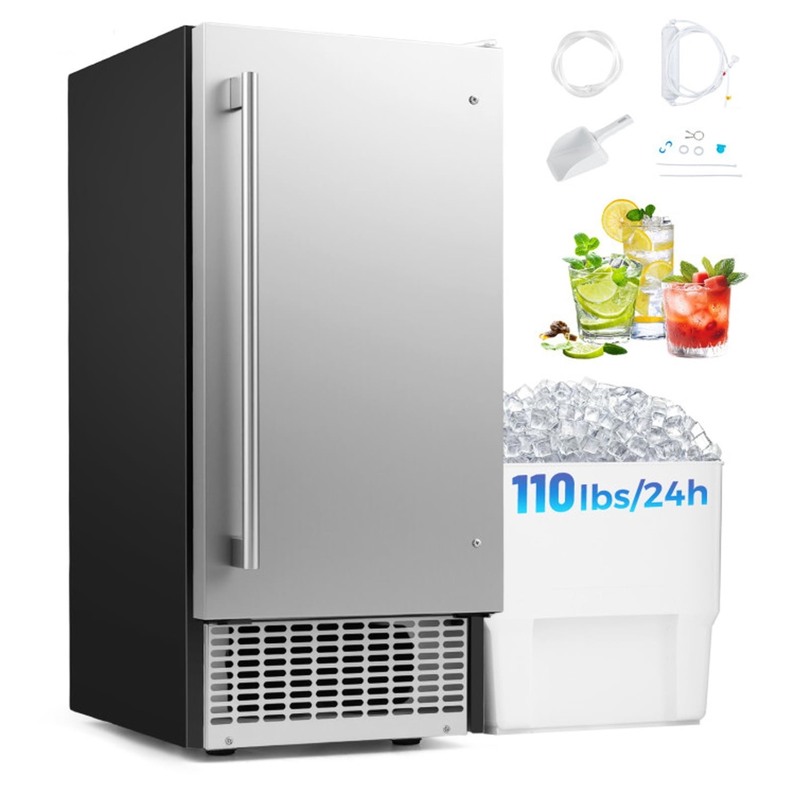 RUIE Undercounter Commercial Ice Maker 110 lbs/24H, Stainless Steel Freestanding Ice Machine with 25 lbs Storage for Home Bar Office Restaurant