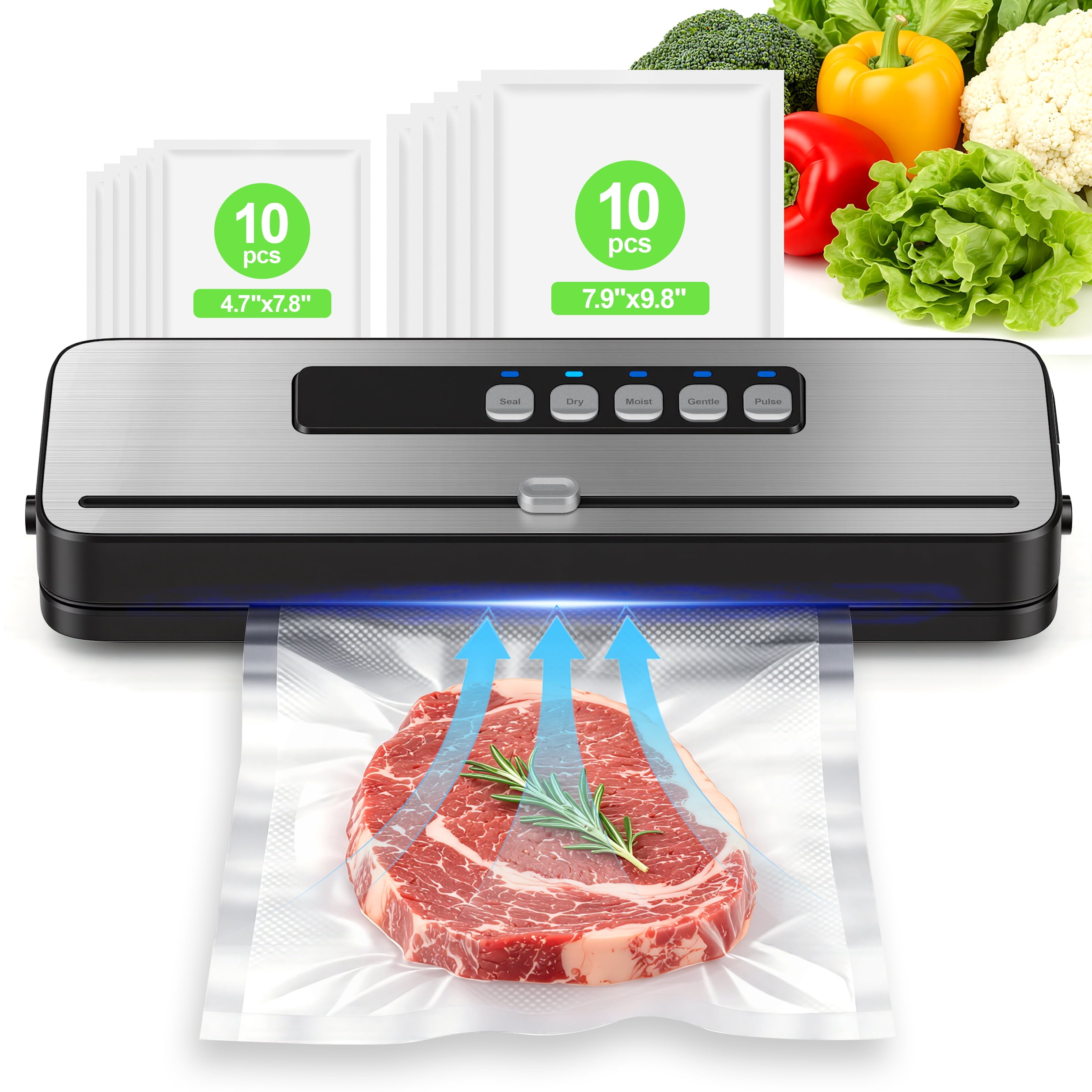 RUIE Vacuum Sealer Machine for Food with 20 Bags,60KPa Automatic Air Sealing Food Saver with Dry and Moist Food Modes,Led Indicator Lights, Easy to Clean, Compact Design