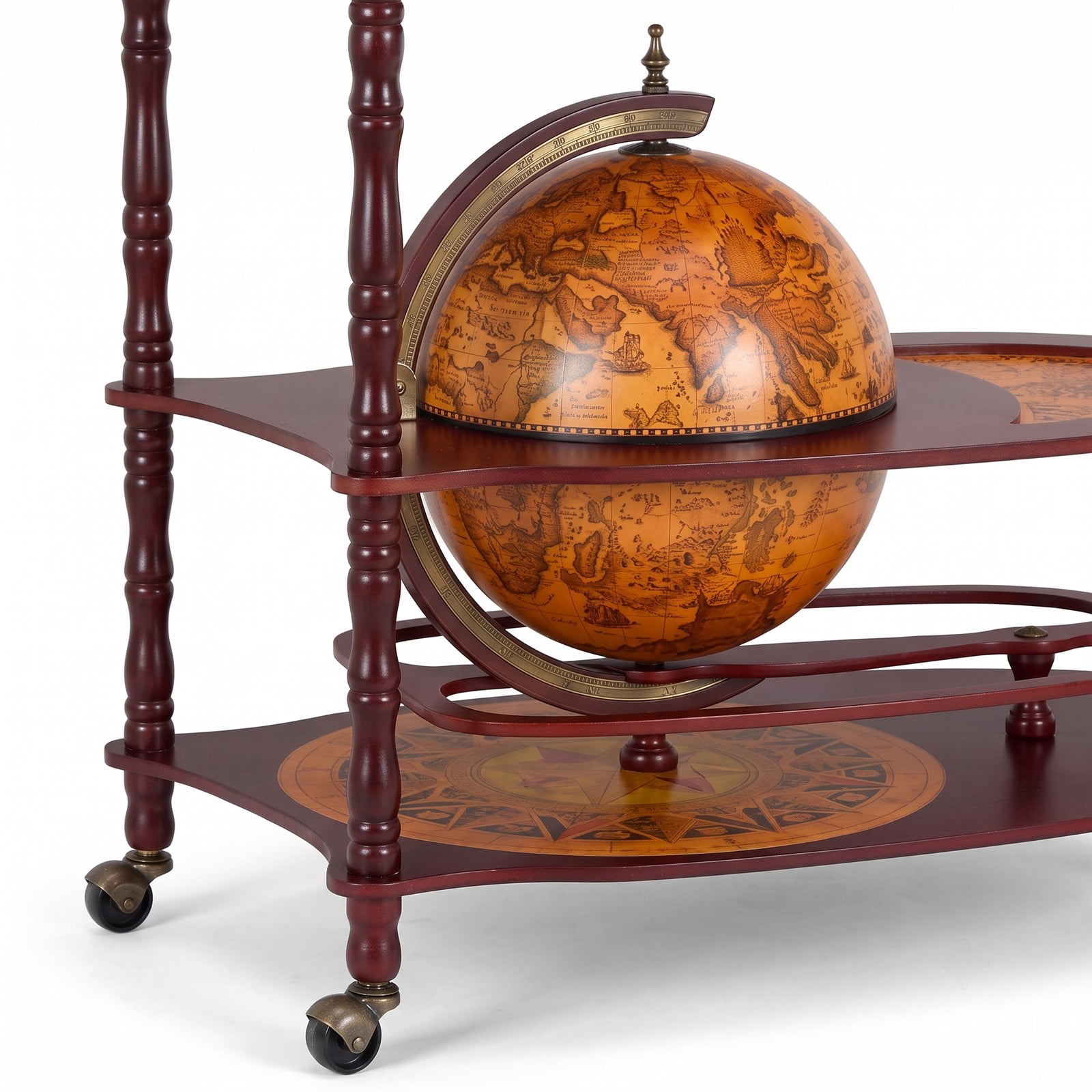 RUIE Vintage Globe Rolling Wine Bar Cart with Extra Shelf, Mobile World Map Liquor Storage Stand with 3 Casters for Home Kitchen Dining Room, Brown