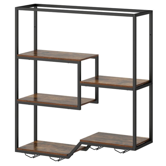 RUIE Wall Mounted Wine Rack 6-Tier, Hanging Bar Shelf with Bottle Display and Glass Holder for Kitchen Dining Room, Rustic Brown