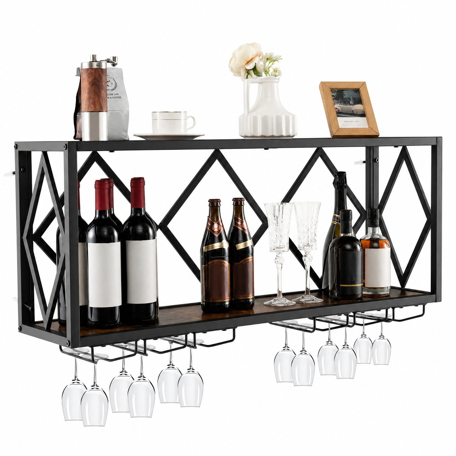 RUIE Wall Mounted Wine Rack for 39 Bottles and 12 Glasses, Metal Wood Hanging Wine Bottle Holder with Stemware Rack for Kitchen - Rustic Brown Black