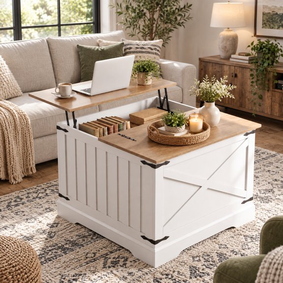 RUIE White Farmhouse Lift Top Coffee Table with Hidden Storage Compartment, 31.5" x 31.5" x 24" Overall, Engineered Wood MDF Metal Construction