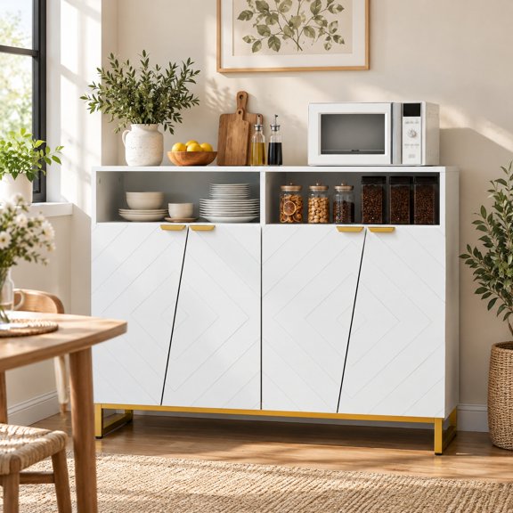 RUIE Modern Sideboard Cabinet with 4 Doors and Adjustable Shelves, 40 x 12 x 32/100 x 30 x 80 cm Overall, MDF Metal Construction, White