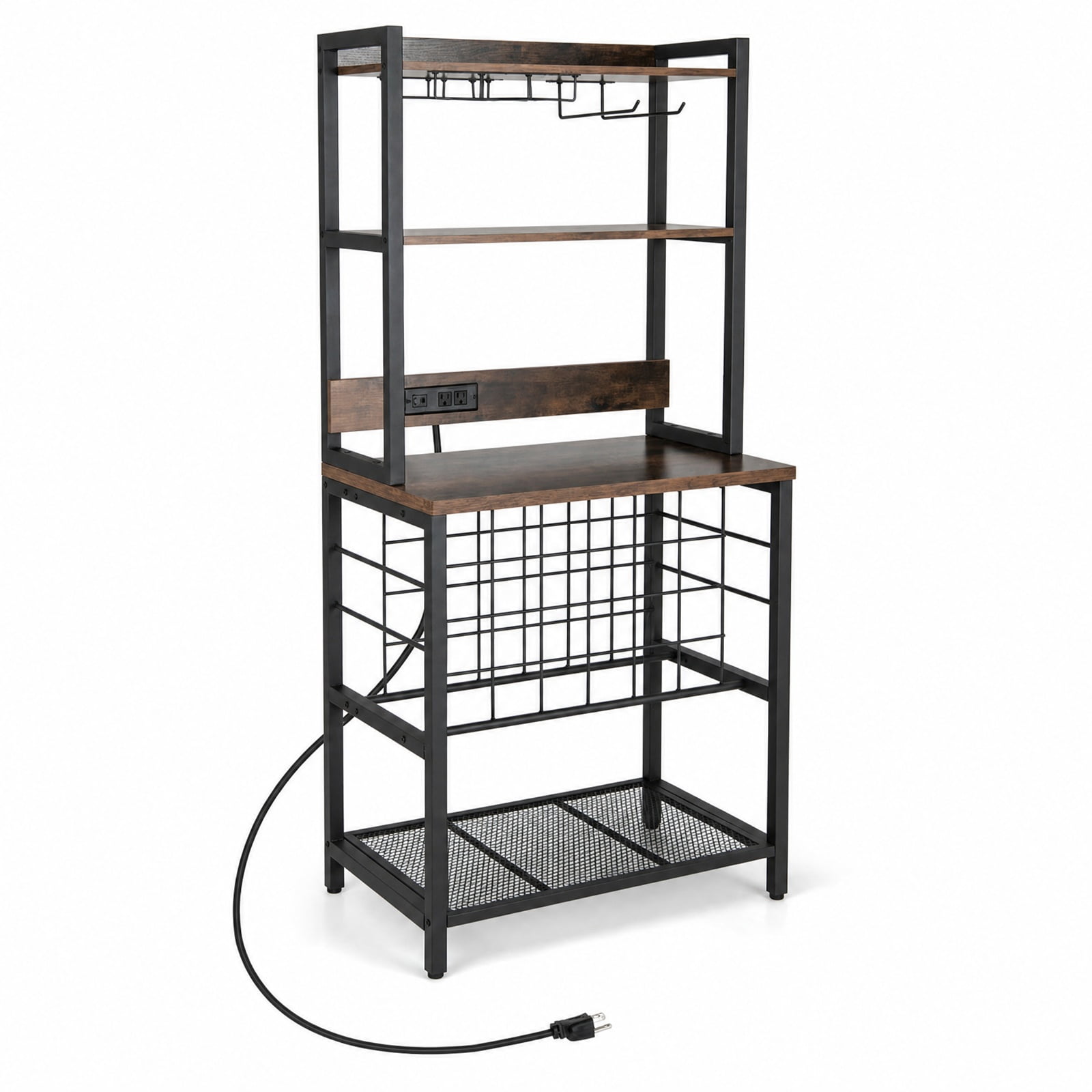 RUIE Wine Bar Cabinet with Power Outlets, Industrial Bar Cabinet with Wine Rack Glass Holders 4-Tier Storage for 24 Bottles, Kitchen Dining Room, Brown