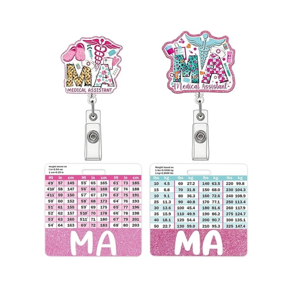 RUIFUU 2 Pack Medical Assistant Badge Reel with Badge Buddy, Retractable ID Holder with Pink Glitter MA Accent, Height and Weight Conversion Reference Cards for MAs