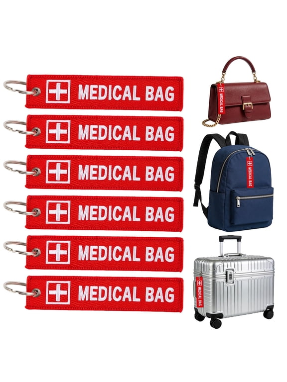 6-Pack Red Medical ID Luggage Tags, Double-Sided Embroidered Medical Alert Tags with Keychain for Suitcases, Backpacks, First Aid Kits and Travel Bags