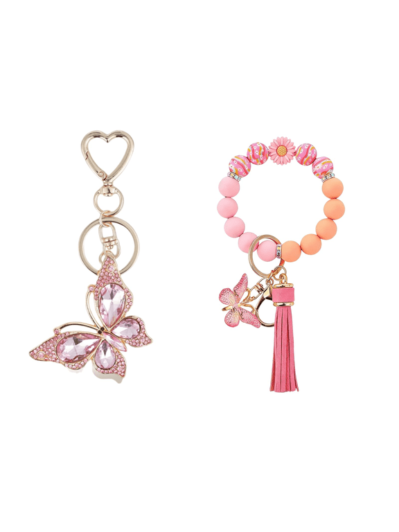 Butterfly Keychain Crystal Rhinestone Butterfly Pendant and Silicone Beaded Wristlet Car Key Ring Holder for Girl Women