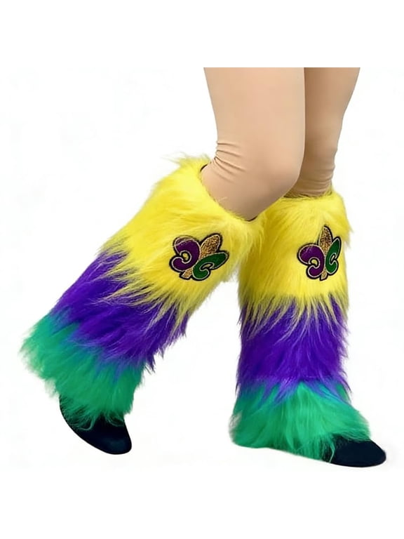 Fuzzy Mardi Gras Leg Warmers with Fleur De Lis, Purple Green Yellow Faux Fur Leg Covers Costume Accessories for Women, One Size, 1 Pair