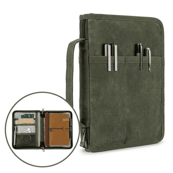 RUIFUU Zipper A5 Notebook Journal Planner Sketchbook Cover, Water Resistant Waxed Canvas Pocket Field Notes Cover with Pen Loop (8.6"x6.9") (Olive).
