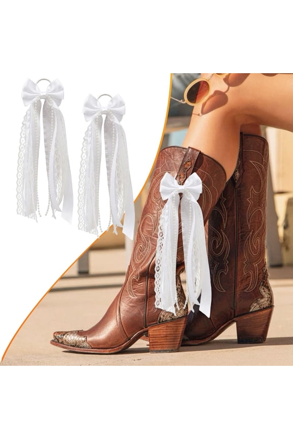 2Pcs Boot Bows Accessories, White Ribbon Bow Martin Boot Bows, White Satin Ribbons Buffalo Plaid Boot Bows Glitter Pearl Lace Holiday Birthday School Accessory Decor