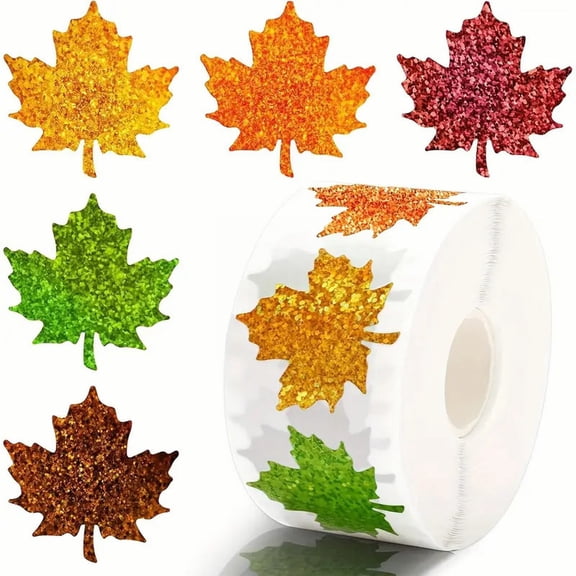 RUIG 500Pcs Fall Thanksgiving Stickers Roll - Laser Maple Leaf Self-Adhesive Stickers,5 Colors Sparkly Waterproof Decals for Autumn Party Cards Seal Envelopes Supplies Scrapbook Decor