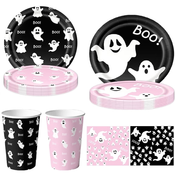 RUIG Halloween Paper Plates and Napkins, Black Ghost Plates and Napkins Cute Boo Ghost Tableware Set for Halloween Birthday Party Decorations Boo Baby Shower Party Supplies