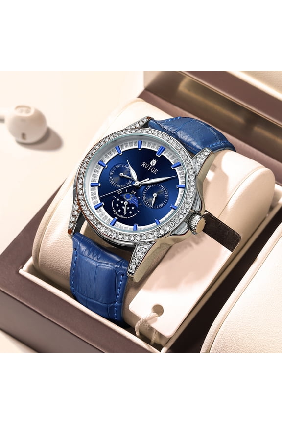 Men's Trendy Watch Men's Quartz Watch Genuine Leather Waterproof Blue Watch
