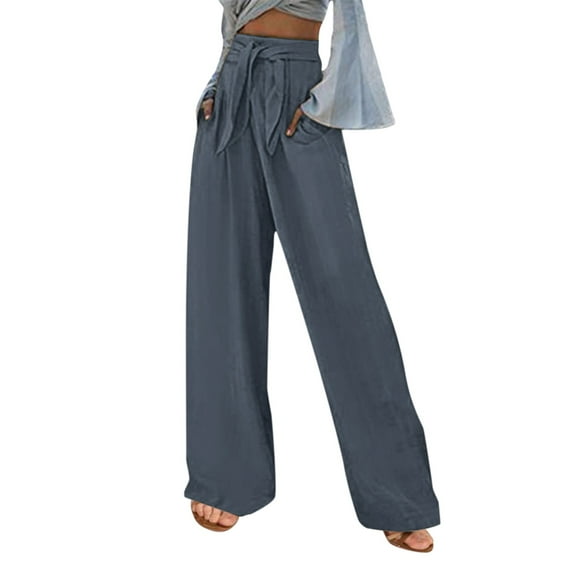 RUIKAR Womens Casual Solid Color Loose Pockets Elastic Belt Waist Pants Long Trousers Pants for Women Deep Grey L