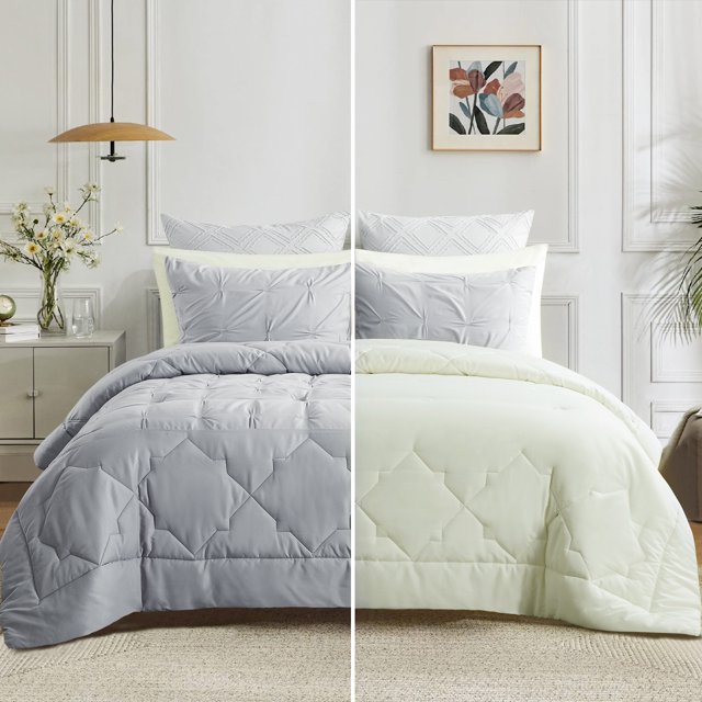 RUIKASI 3-Piece Pinch Pleated Embroidery Comforter Set,Adult Mordern Bedding Set,Queen, Gray/Yellow