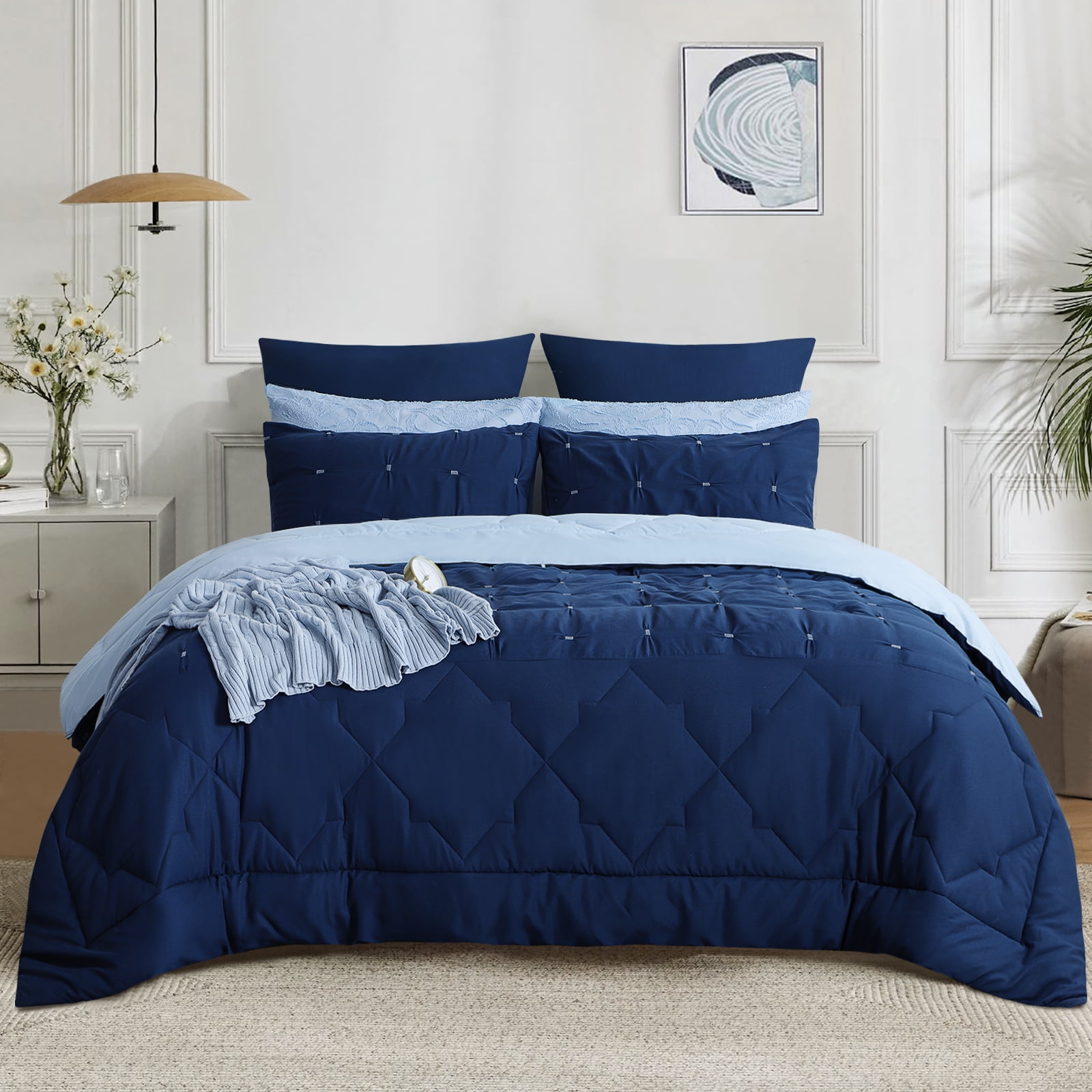 RUIKASI 3Piece Pinch Pleated Embroidery Comforter Set, Queen, Navy
