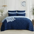 thumbnail image 1 of RUIKASI 3-Piece Pinch Pleated Embroidery Comforter Set, Queen, Navy Blue/Sky Blue, 1 of 8