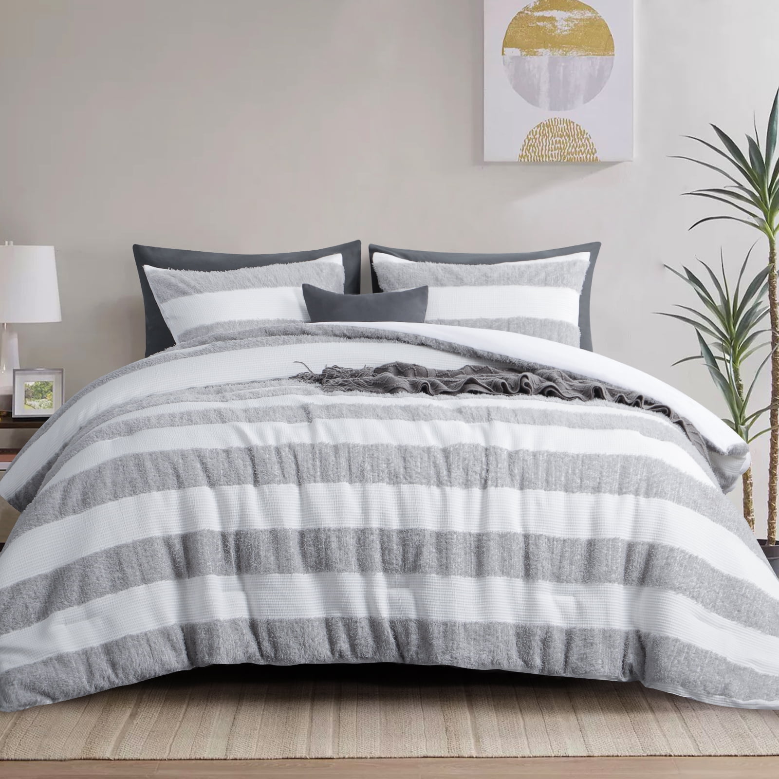 Queen White and Gray Microfiber Down Alternative Comforter Set