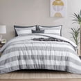 thumbnail image 1 of RUIKASI 3-Piece Queen Tufted Striped Comforter set, Chic Furry Stripe Design Bedding Quilt with 2 Pillowcases, Gray/White, 1 of 5