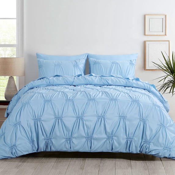 RUIKASI 3-Piece Light Blue Duvet Cover Set - Ruched Pinch Pleat Geometric design, Queen(90in*90in)