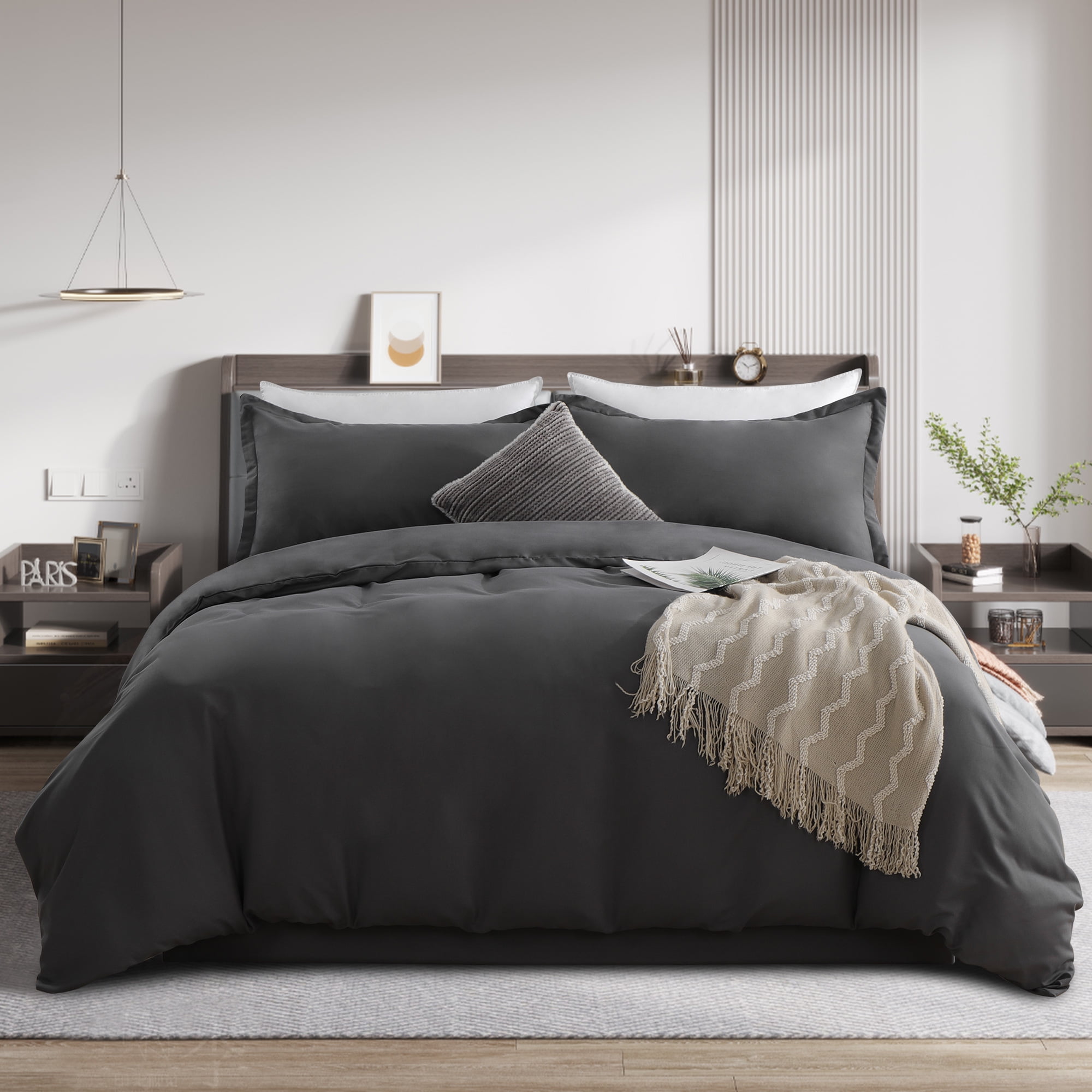 RUIKASI 3 Pieces Duvet Cover Set King Dark Grey - 1 Soft Brushed Duvet Cover 104x90 inches with Zipper Closure and 2 Pillow Shams