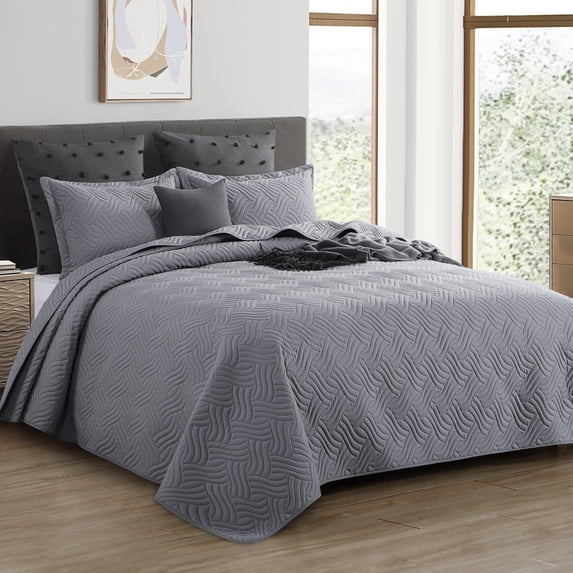 RUIKASI 3 Pieces Quilt Set Queen Size, Soft Microfiber Lightweight Bedspread Coverlet Bed Cover (Wave Pattern) for All Seasons, Dark Grey