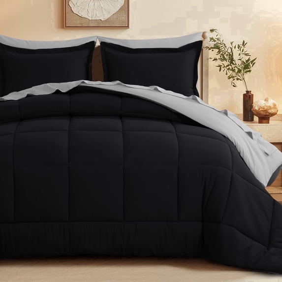 Aisbo 5 Piece Twin Comforter Set with Sheets, Reversible Black/Grey Bed in a Bag Twin, Soft All Season Bedding, Pillowcase & Sham