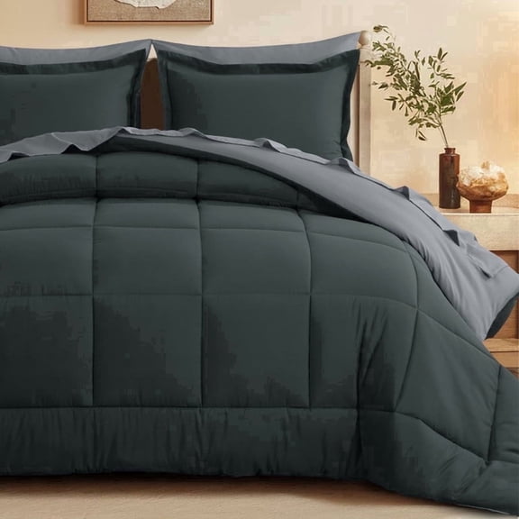 Aisbo 5 Pieces Dark Grey/Light Grey Twin Bed Comforter Set with Sheets - Bed in a Bag with Comforter and All Season Sheets, Pillowcases