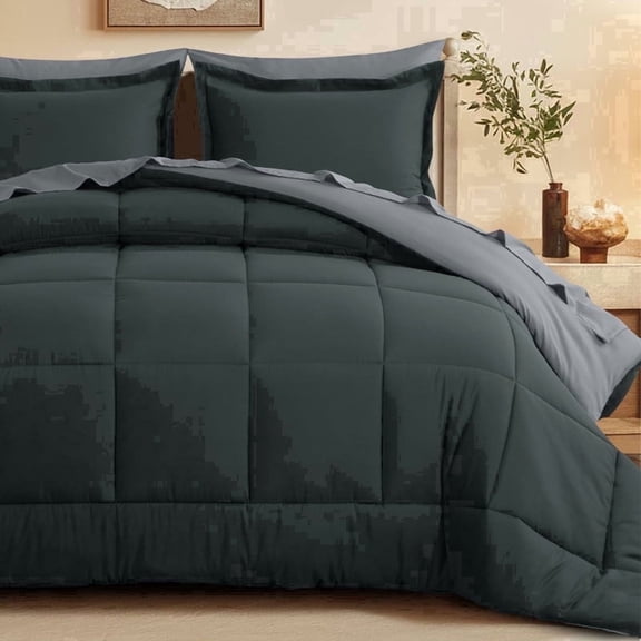 Aisbo 5 Piece Twin Comforter Set with Sheets, Reversible Dark Grey/Grey Bed in a Bag Twin, Soft All Season Bedding, Pillowcase & Sham