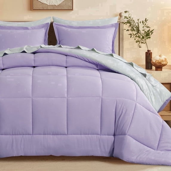 Aisbo 5 Pieces Lavender/Light Grey Twin Bed Comforter Set with Sheets - Bed in a Bag with Comforter and All Season Sheets, Pillowcases