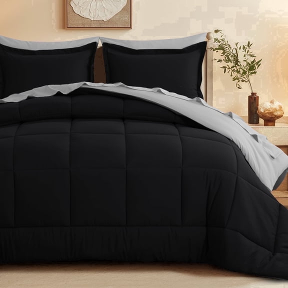 Aisbo 7 Piece King Comforter Set with Sheets, Reversible Black/Grey Bed in a Bag King, Soft All Season Bedding, Pillowcases & Shams