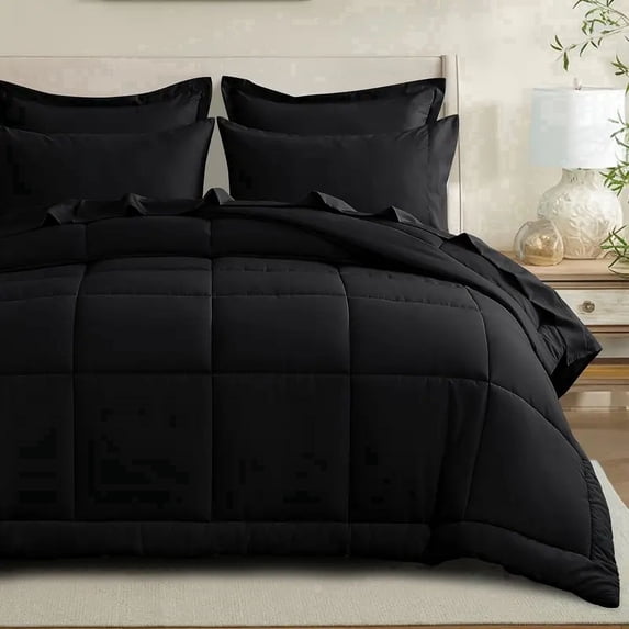 RUIKASI 7 Pieces Queen Comforter Set with Sheets, Black Bed in a Bag Queen with Comforter and All Season Sheets, Pillowcases & Shams
