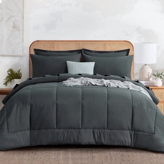 RUIKASI 7 Pieces Comforter Set with Sheets - Bed in a Bag with Comforter and All Season Sheets, Pillowcases,Dark Gray,Queen