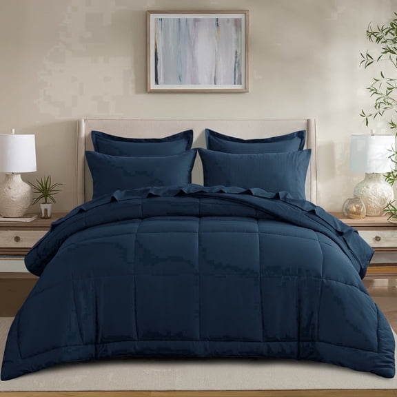 RUIKASI 7 Pieces Comforter Set with Sheets - Bed in a Bag with Comforter and All Season Sheets, Pillowcases,Navy,King