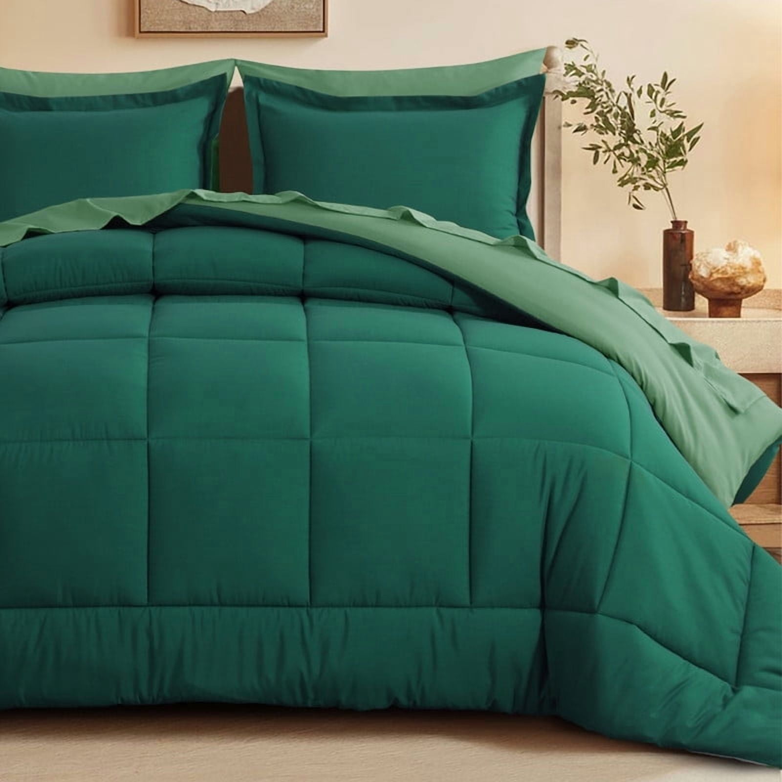 RUIKASI 7 Pieces Dark Green/Sage Green Queen Bed Comforter Set with ...