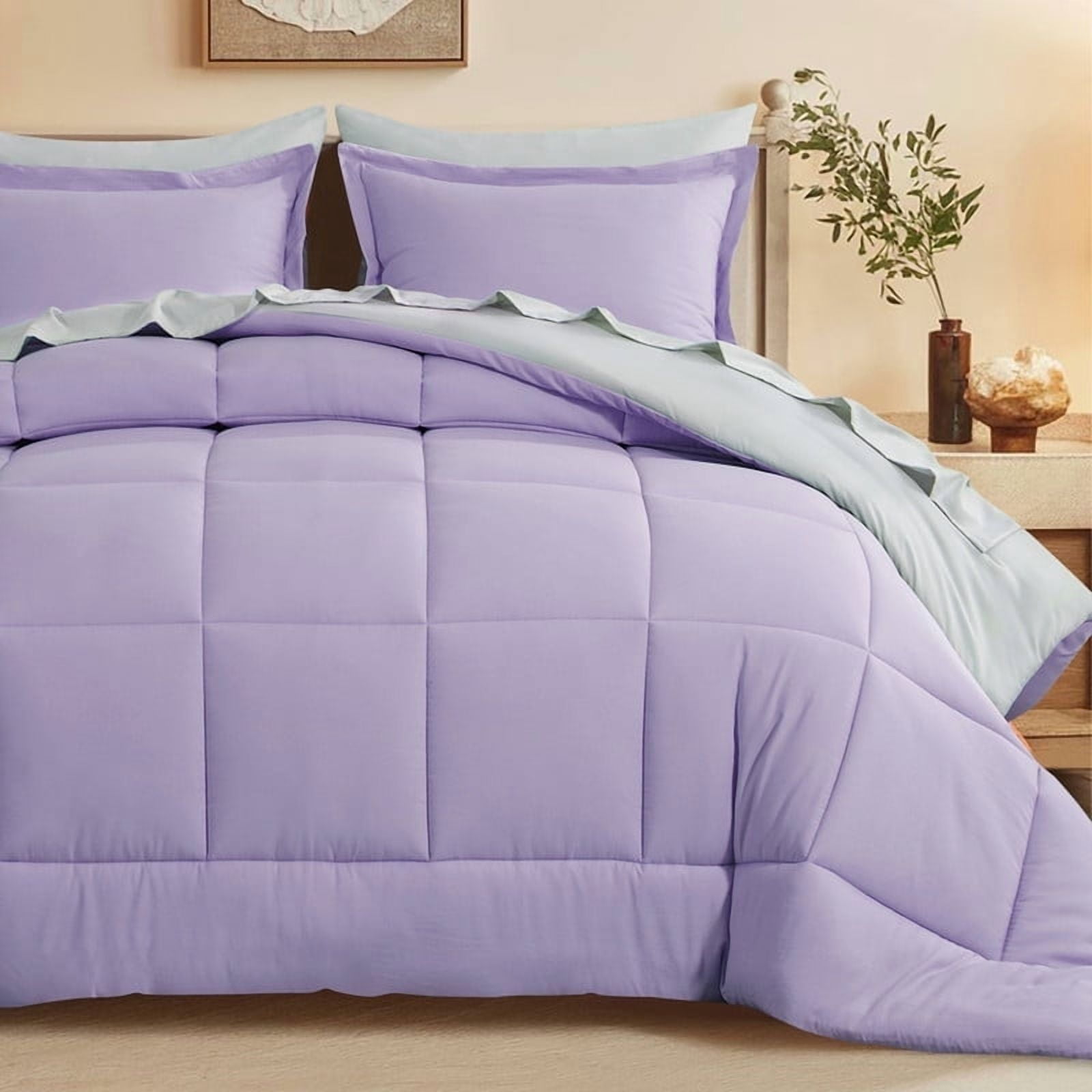 RUIKASI 7 Pieces Lavender/Light Grey Queen Bed Comforter Set with ...